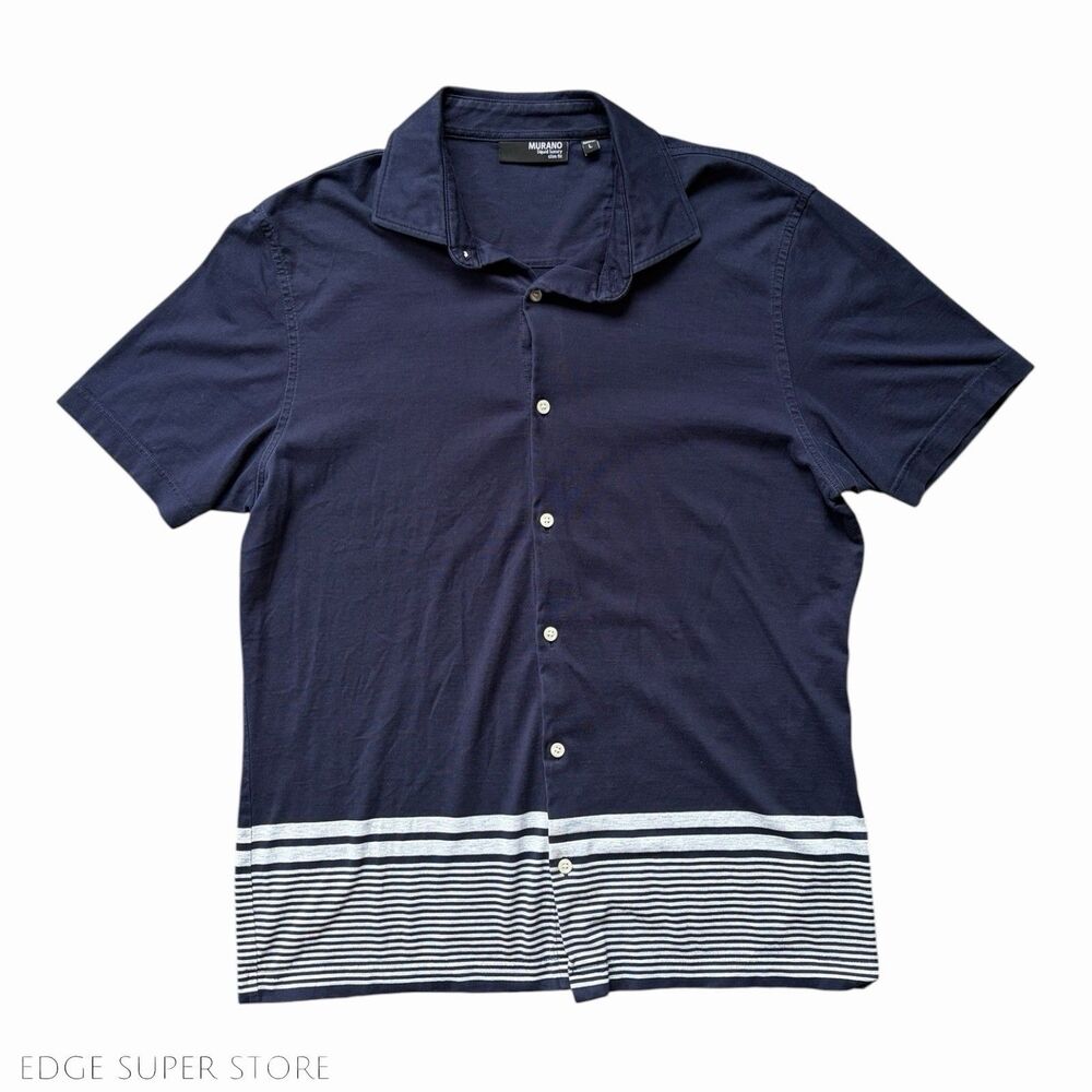 Murano Men’s Navy Blue Shirt L Short Sleeve Button Up 100% Cotton Striped Bottom